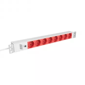 EFB Elektronik EK631CD.1GRV2 regleta de enchufes para rack de 19 pulgadas 1U, 8x tomas CEE 7/3 rojas, entrada IEC C14, protección de sobrecarga 10A, gris