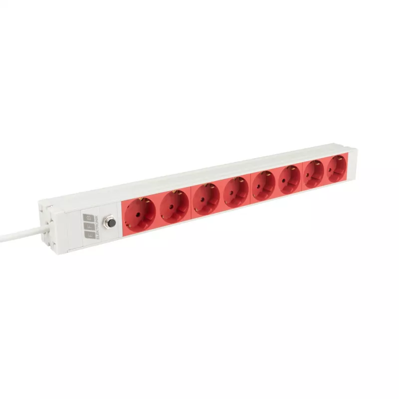 EFB Elektronik EK631CD.1GRV2 regleta de enchufes para rack de 19 pulgadas 1U, 8x tomas CEE 7/3 rojas, entrada IEC C14, protección de sobrecarga 10A, gris