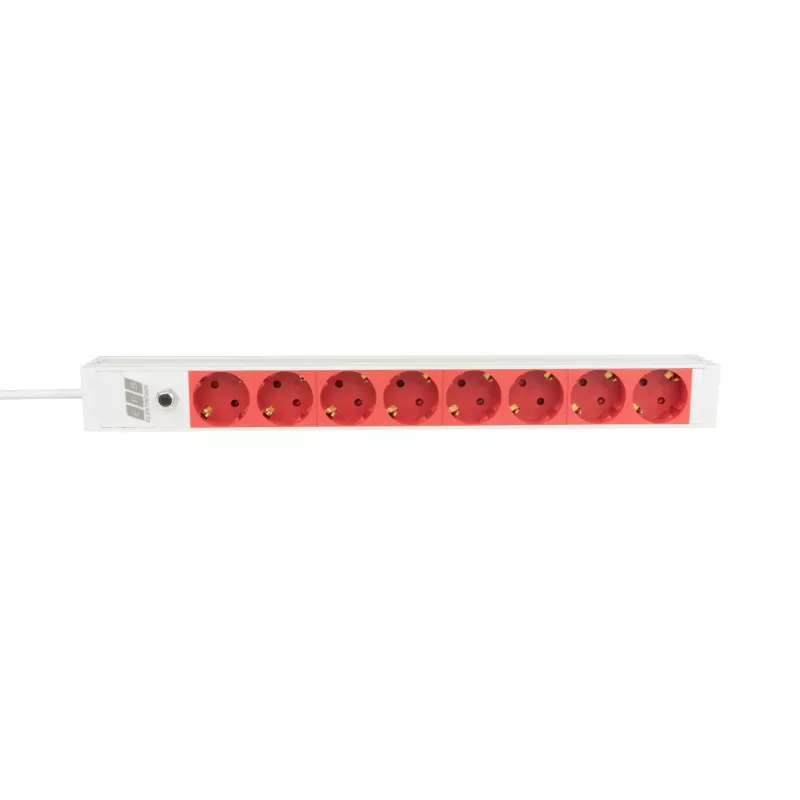 EFB Elektronik EK631CD.1GRV2 regleta de enchufes para rack de 19 pulgadas 1U, 8x tomas CEE 7/3 rojas, entrada IEC C14, protección de sobrecarga 10A, gris