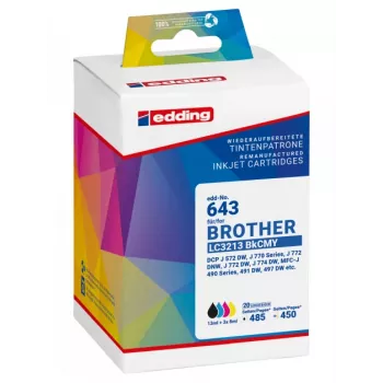 Edding 18-643 multipack de cartuchos de tinta compatibles para Brother LC3213 serie – negro, cian, magenta, amarillo (pack de 4)
