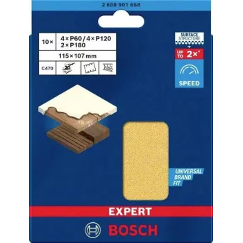 Bosch 2608901668 papel de lijar para lijadora orbital, set de 10 piezas, grano 60/120/180, 107 x 115 mm