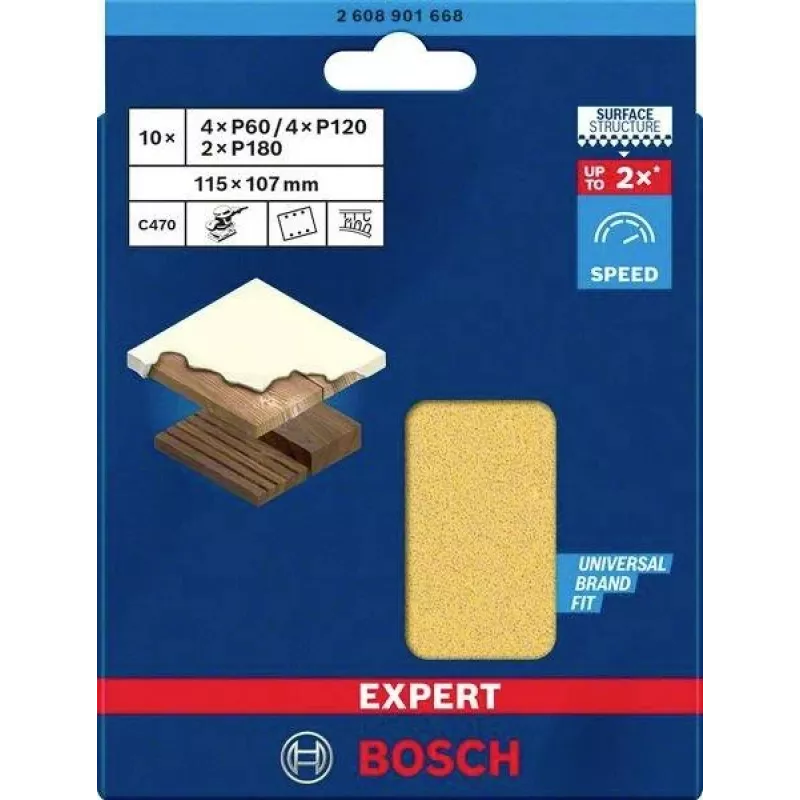 Bosch 2608901668 papel de lijar para lijadora orbital, set de 10 piezas, grano 60/120/180, 107 x 115 mm
