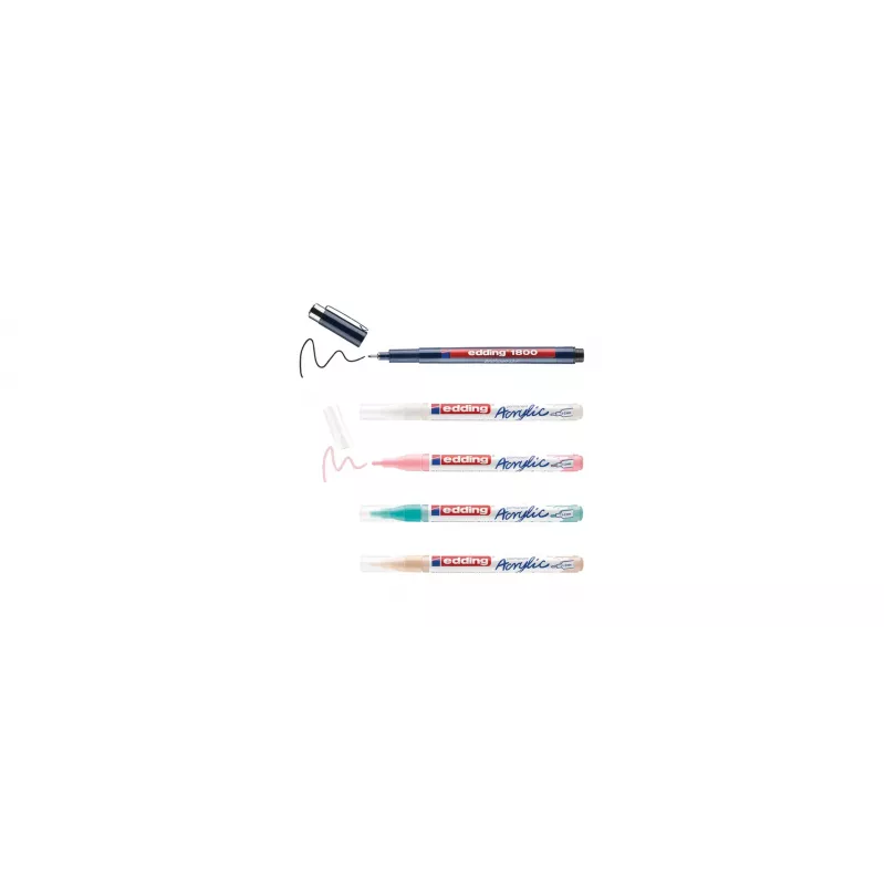 edding 5300 set de rotuladores acrílicos Manga, 5 rotuladores con punta redonda fina, 1-3 mm de grosor de trazo, tinta pigmentada, colores surtidos (negro, blanco, amarillo pastel, rosa pastel, azul pastel) 4-5300-1800-5-1