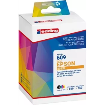 Edding EDD-609 Set de 5 cartuchos de tinta compatibles para Epson 202XL (negro, negro fotográfico, cian, magenta, amarillo) 18-609-01