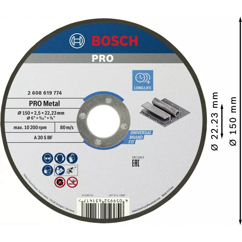 Bosch Standard for Metal Disco de corte 150 mm x 1,6 mm x 22,23 mm, recto, óxido de aluminio, 1 ud. 2608619774