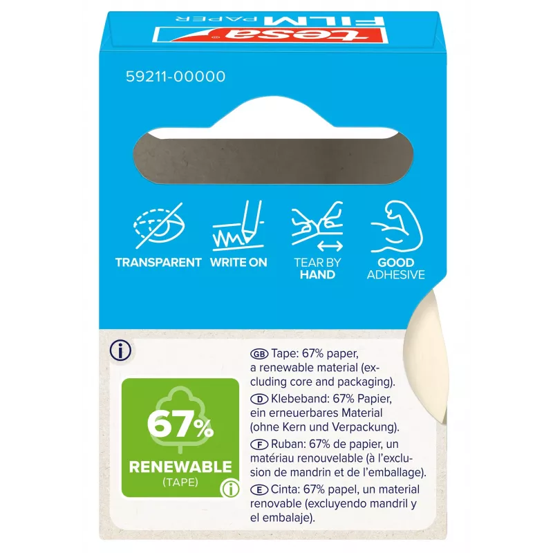 Tesa 59211 Cinta adhesiva de papel 19 mm x 10 m, blanco natural, rasgable a mano, escribible, sin disolventes 59211-00000-00