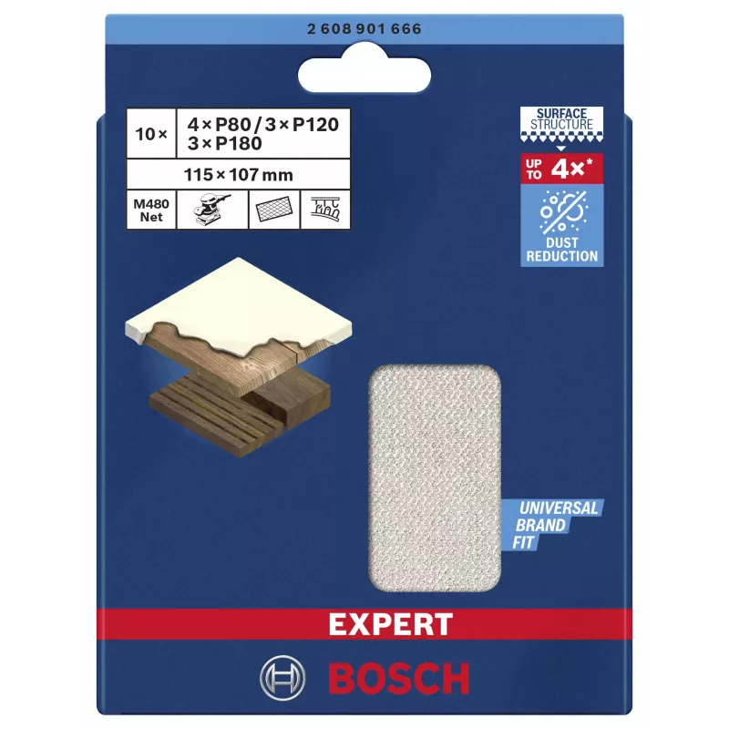 Bosch Expert M480 set de redes de lijado para lijadora orbital, 3 piezas, grano 80/120/180, 115 x 107 mm, velcro 2608901666