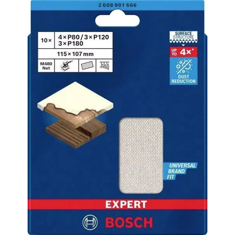 Bosch Expert M480 set de redes de lijado para lijadora orbital, 3 piezas, grano 80/120/180, 115 x 107 mm, velcro 2608901666