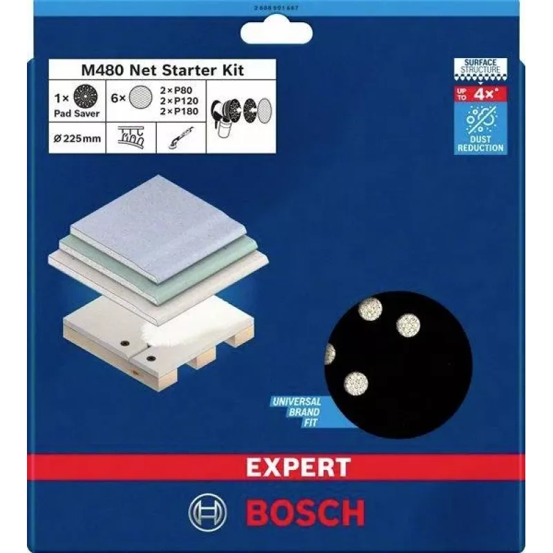 Bosch Expert M480 225 mm set de malla de lijado para lijadora de pladur, grano P80/P120/P180, 3 piezas 2608901667