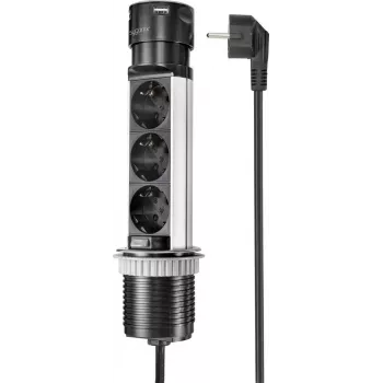 SYGONIX SY-4997104 Torre de enchufes, 6 tomas Schuko, 2 puertos USB-A, cable de 1,5 m, negro/plata
