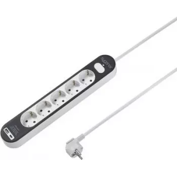 SYGONIX SY-4755368 Regleta de enchufes con interruptor, 6 tomas Schuko, cable de 1,5 m, blanca/gris