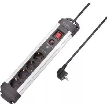 SYGONIX SY-4755610 Regleta con protección contra sobretensiones, 6 tomas Schuko, cable de 1,5 m, plateada/negra