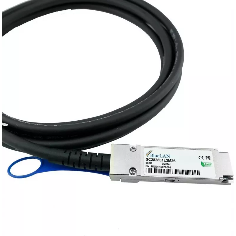 Cable de cobre Direct Attach QSFP28 100G BlueLAN, 1 m, Twinax pasivo, 30AWG 02314NVH-BL
