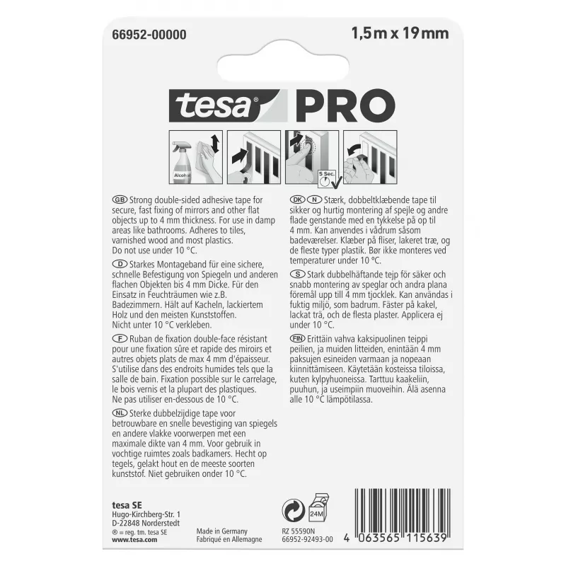 tesa Montaje PRO Cinta de montaje para espejos blanca 1,5 m x 19 mm 66952-00000-00