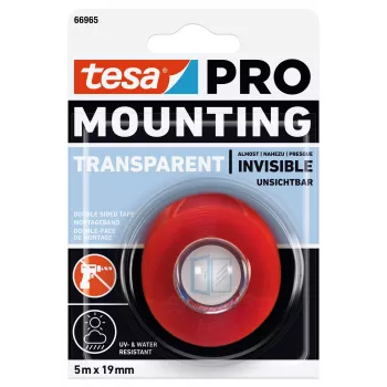 tesa Montaje PRO Transparente 66965-00001-00 Cinta de montaje de espuma acrílica de doble cara, 5 m x 19 mm, soporta hasta 10 kg/m, resistente a los rayos UV y la humedad, para interior y exterior
