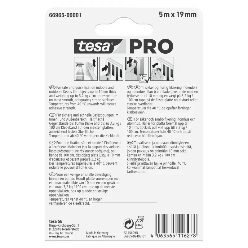 tesa Montaje PRO Transparente 66965-00001-00 Cinta de montaje de espuma acrílica de doble cara, 5 m x 19 mm, soporta hasta 10 kg/m, resistente a los rayos UV y la humedad, para interior y exterior