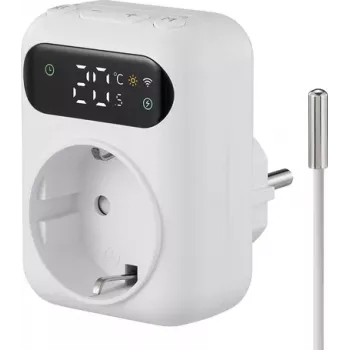 Sygonix SY-6824096 termostato con enchufe intermedio y programa semanal, 16 A, 3680 W, LCD, antivaho, bloqueo infantil, blanco