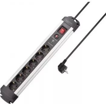 SYGONIX SY-4755612 regleta con protección contra sobretensiones, 6 tomas Schuko, protección contra sobrecorriente, plata/negro, cable de 1,5 m
