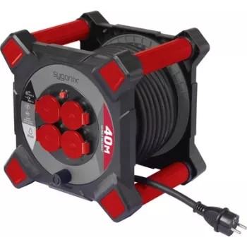 Sygonix SY-10236126 Alargador con carrete 25m H05VV-F 3G1.5 4 tomas Schuko protección térmica negro