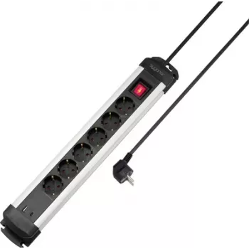 Sygonix SY-6807130 Regleta de enchufes de 6 tomas con interruptor retroiluminado, negra/plata, cable de 1,5 m