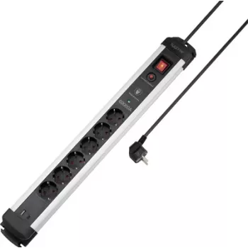 Sygonix SY-6805674 Regleta de enchufes de 6 tomas con protección contra sobretensiones y interruptor, Schuko, cable de 1,5 m, negra/plata