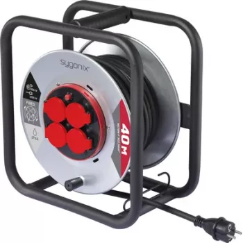 Sygonix SY-10236120 Tambor de cable negro con conector macho Schuko 25 m 4 tomas