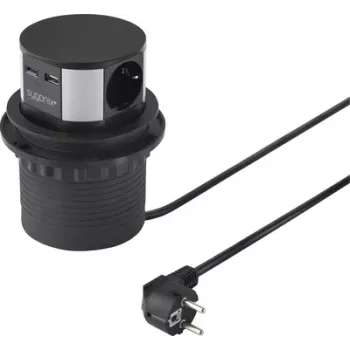 Sygonix SY-6887466 Regleta de enchufes de 3 tomas en torre, negra/plata, cable de 1,5 m, 3 tomas Schuko, 3680 W, interruptor retroiluminado