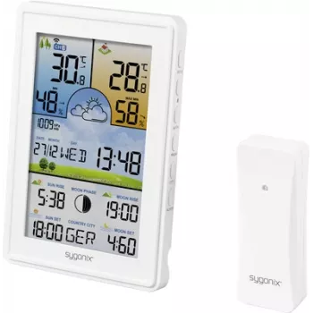 Sygonix SY-5509564 Estación meteorológica digital con previsión de 12-24 horas, reloj DCF, temperatura y humedad interior/exterior, fase lunar, aviso de heladas, soporte para sensor de 3 canales