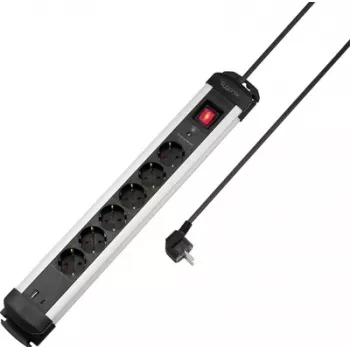 Sygonix SY-6807132 Regleta de enchufes con protección contra sobretensiones 6 tomas, negro/plata, cable de 1,5 m