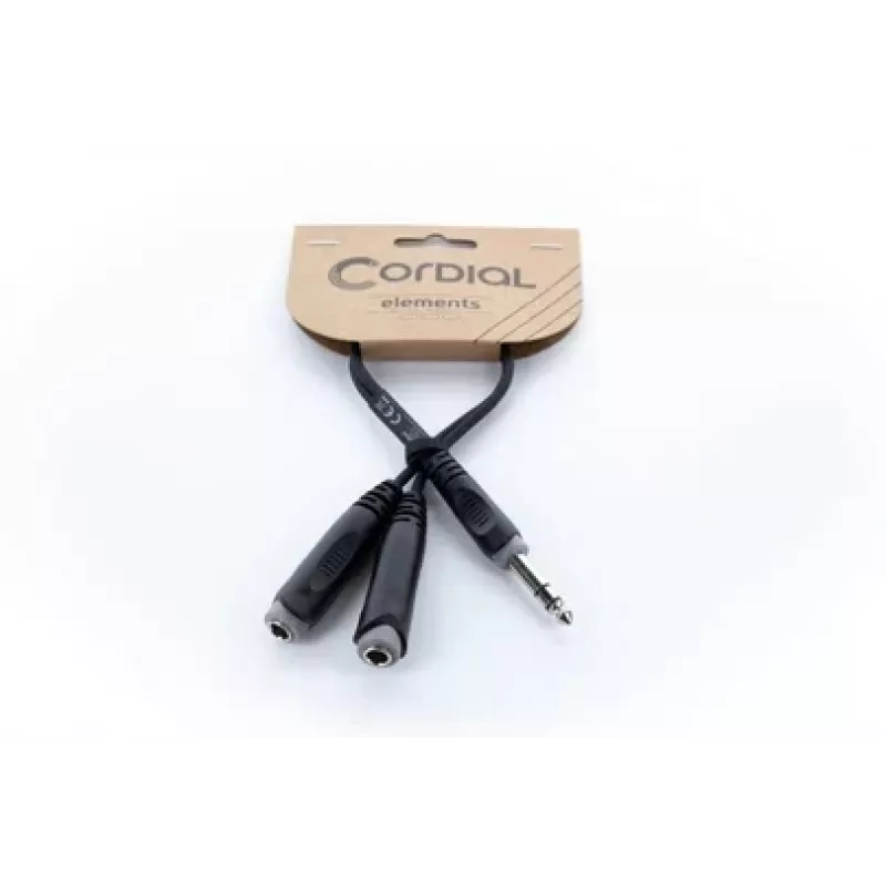 Cable adaptador en Y de audio Cordial 14882 jack estéreo 6,3 mm, 1x conector macho a 2x conector hembra, 0,3 m, PVC negro