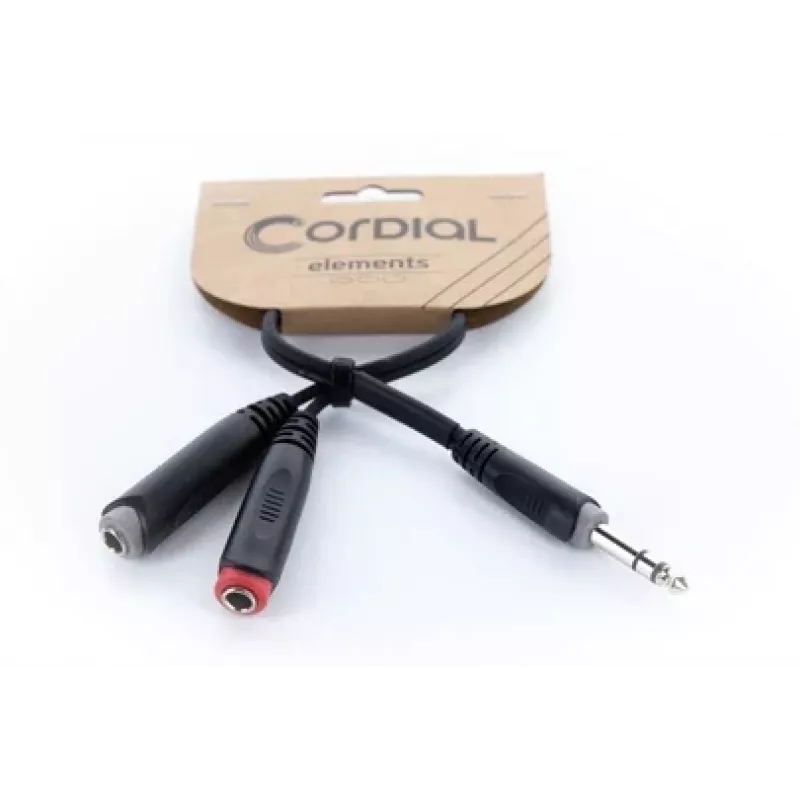 Cable adaptador en Y de audio Cordial 14890 conector jack estéreo 6,3 mm a 2x conector hembra jack mono 6,3 mm, 0,30 m, PVC negro, cable twin