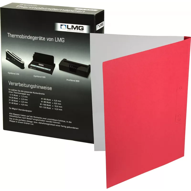 LMG Carpetas de encuadernación térmica A4 rojo efecto piel 1,5 mm lomo, capacidad 50 hojas, pack de 50 LMG-BMDLM-RO-R1,5