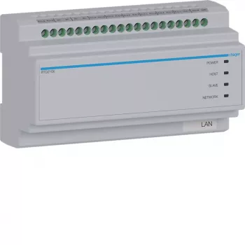 Hager RTD210X Conmutador de sistema de 2 hilos, 6 vías, para portero automático IP de Hager, carril DIN, 4 módulos, gris claro