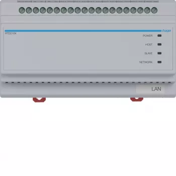 Hager RTD210X Conmutador de sistema de 2 hilos, 6 vías, para portero automático IP de Hager, carril DIN, 4 módulos, gris claro