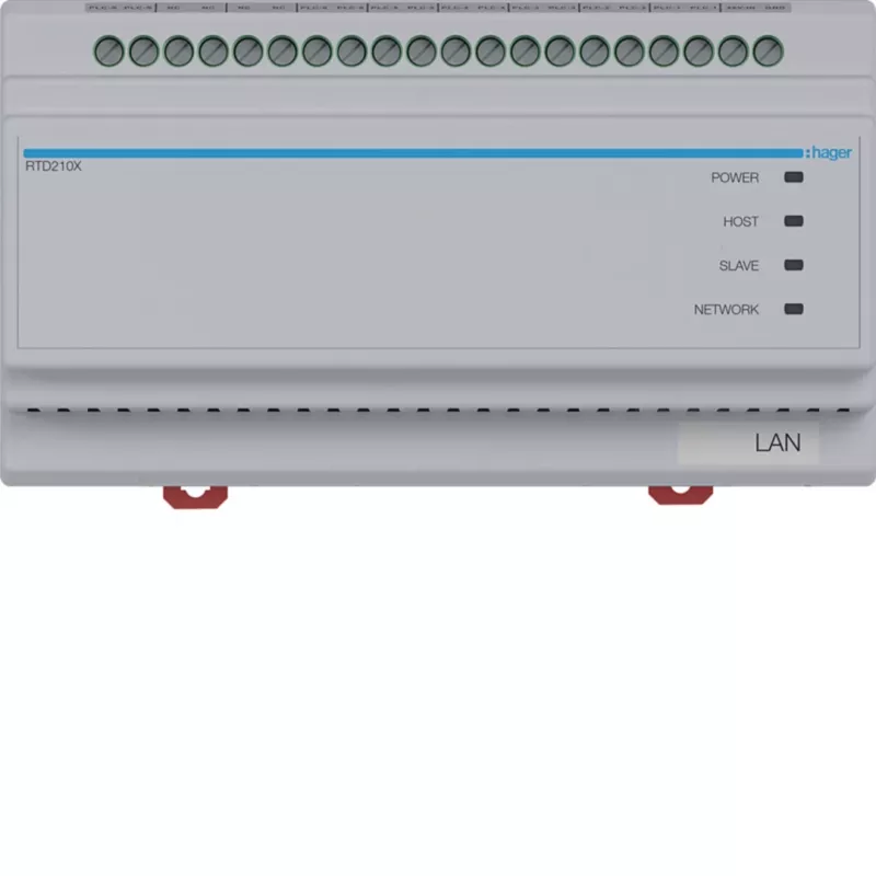 Hager RTD210X Conmutador de sistema de 2 hilos, 6 vías, para portero automático IP de Hager, carril DIN, 4 módulos, gris claro
