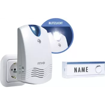 m-e modern-electronics FG1.2 set de timbre inalámbrico con placa de nombre y luz intermitente, blanco