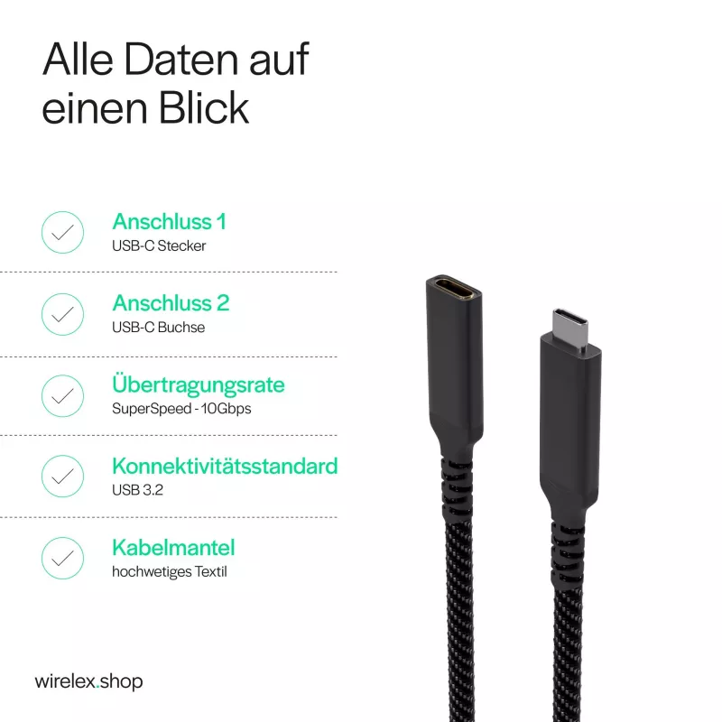 S CONN Flexline cable de extensión USB-C, conector macho USB-C a conector hembra USB-C, USB 3.2 Gen 2, 100W PD, 4K@60Hz, revestimiento textil, 1,5m, negro FL31-74006