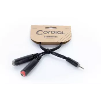 Cordial 14892 cable adaptador en Y de audio, conector macho jack estéreo 3,5 mm a dos conectores hembra jack mono 6,3 mm, 0,3 m, PVC negro