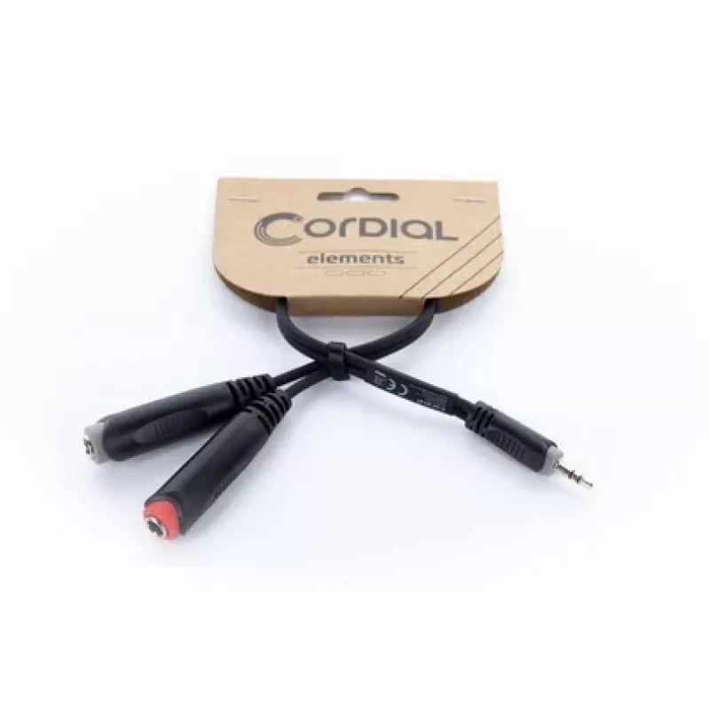 Cordial 14892 cable adaptador en Y de audio, conector macho jack estéreo 3,5 mm a dos conectores hembra jack mono 6,3 mm, 0,3 m, PVC negro
