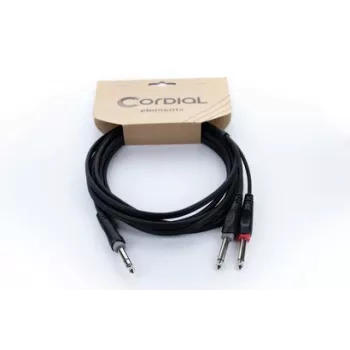 Cable adaptador en Y de audio Cordial 14877 conector macho jack 6,3 mm estéreo a 2x conector macho jack 6,3 mm mono 1,5 m negro PVC cable twin
