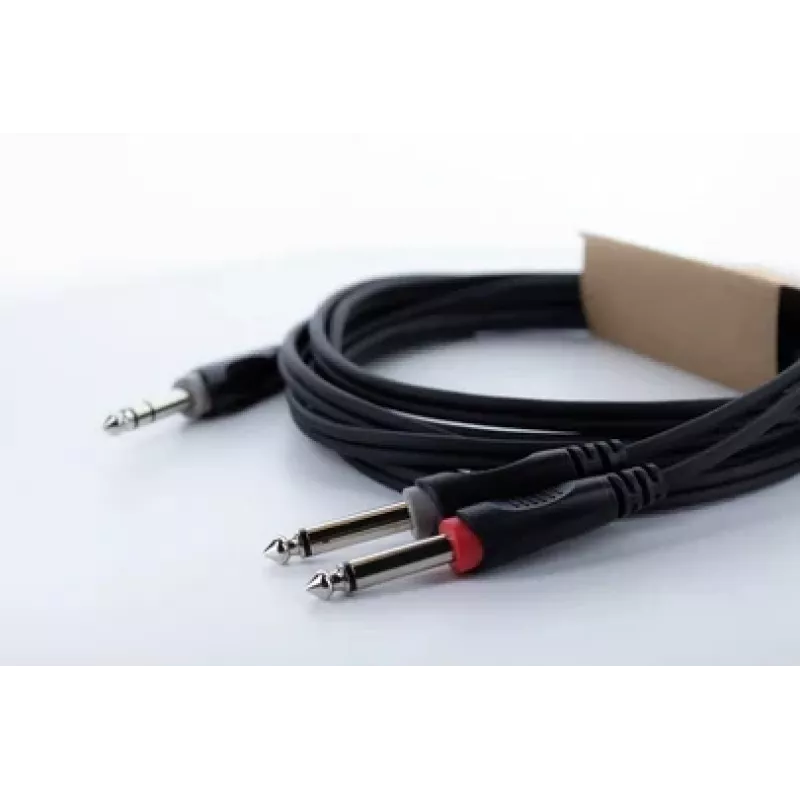 Cable adaptador en Y de audio Cordial 14877 conector macho jack 6,3 mm estéreo a 2x conector macho jack 6,3 mm mono 1,5 m negro PVC cable twin