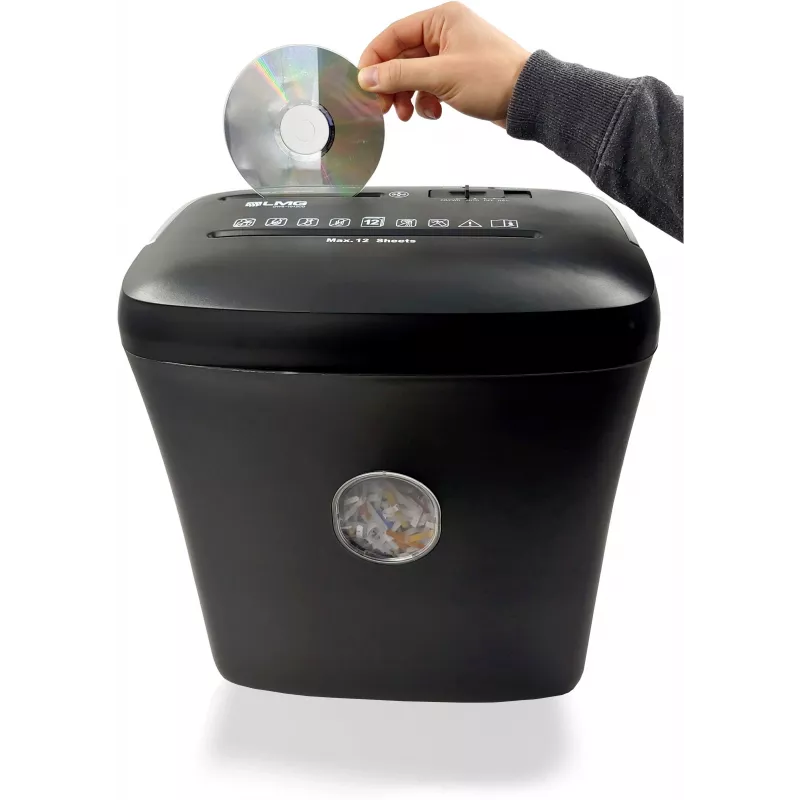 LMG DWS-1012CD destructora de documentos con corte en partículas y contenedor separado para CD/DVD, nivel de seguridad P-4, 10-12 hojas, 21L