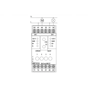 Dispositivo de campo METZ BMT-F-DO4 BACnet MS/TP con 4 salidas de relé, 4 entradas universales, 2 salidas analógicas, RS485, montaje en carril DIN, 24V AC/DC 110886132170