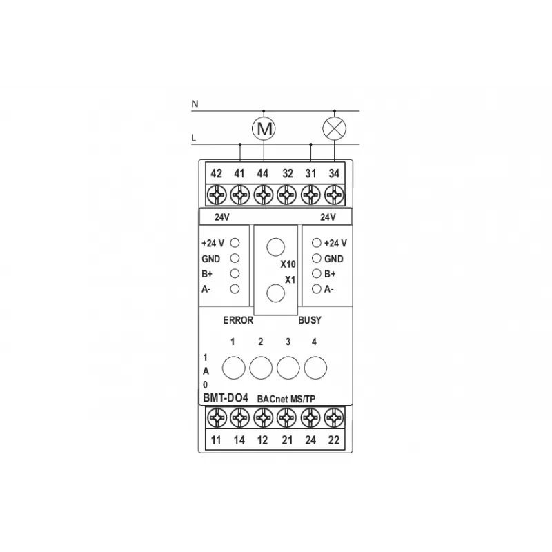 Dispositivo de campo METZ BMT-F-DO4 BACnet MS/TP con 4 salidas de relé, 4 entradas universales, 2 salidas analógicas, RS485, montaje en carril DIN, 24V AC/DC 110886132170