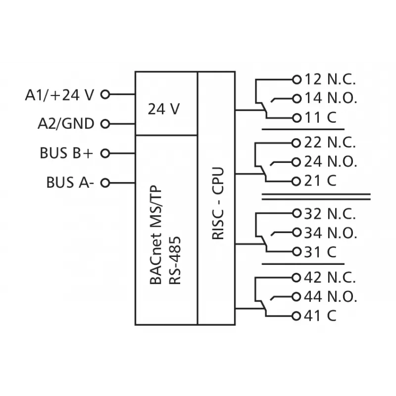 Dispositivo de campo METZ BMT-F-DO4 BACnet MS/TP con 4 salidas de relé, 4 entradas universales, 2 salidas analógicas, RS485, montaje en carril DIN, 24V AC/DC 110886132170