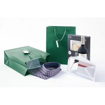 Bolsa de regalo grande de papel SIGEL GT500 verde ópalo con barniz mate y etiqueta de regalo