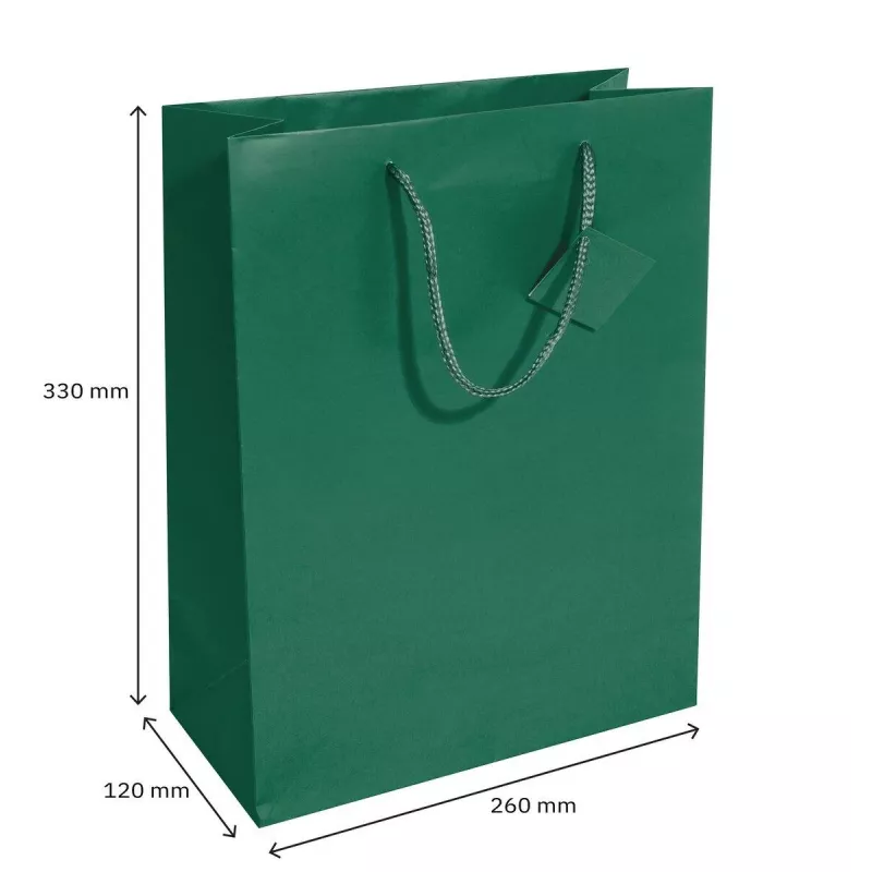 Bolsa de regalo grande de papel SIGEL GT500 verde ópalo con barniz mate y etiqueta de regalo