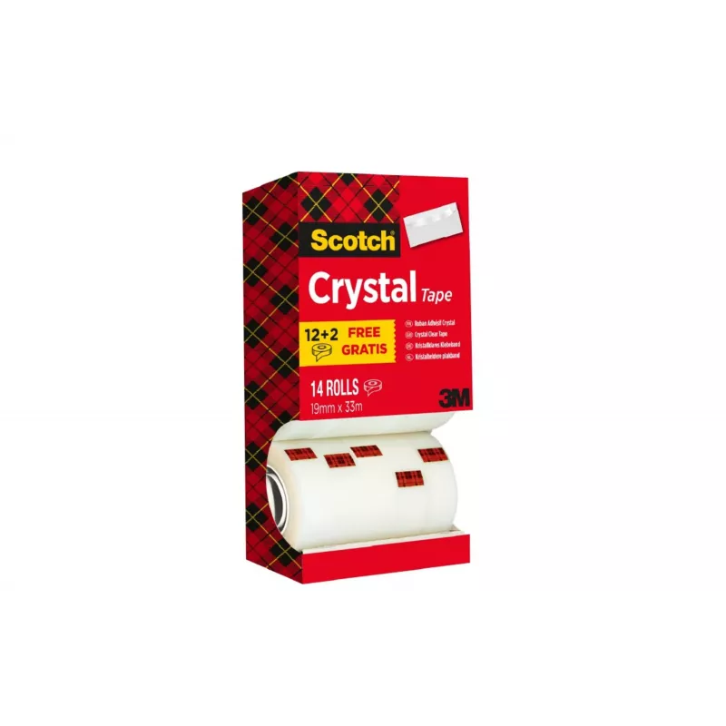 Cinta adhesiva 3M Scotch Crystal Clear, 19 mm x 33 m, 14 rollos (12 + 2 gratis) 6-1933R14