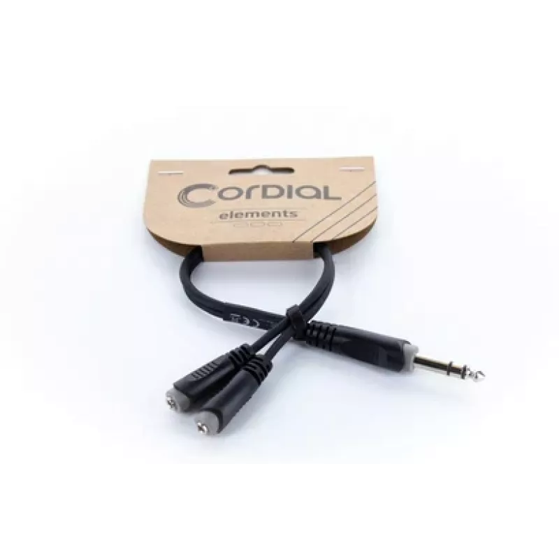 Cordial 14886 cable adaptador en Y de audio conector macho jack estéreo de 6,3 mm a 2x conectores hembra jack estéreo de 3,5 mm 0,3 m cable doble de PVC negro