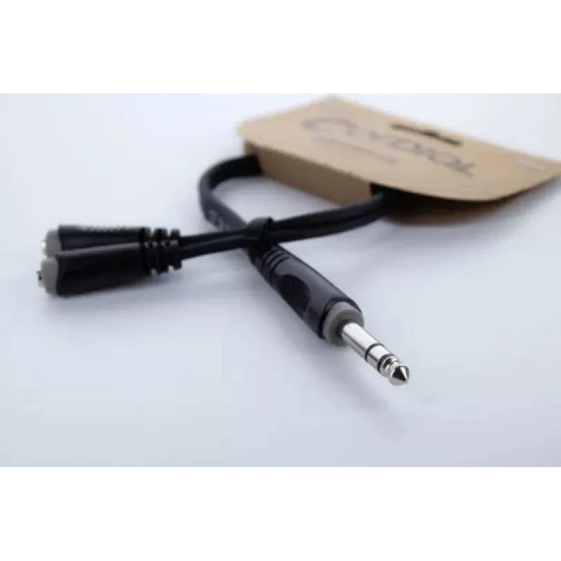 Cordial 14886 cable adaptador en Y de audio conector macho jack estéreo de 6,3 mm a 2x conectores hembra jack estéreo de 3,5 mm 0,3 m cable doble de PVC negro